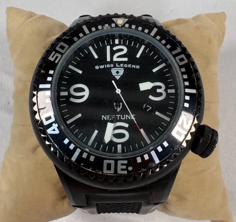 Swiss Legend Neptune Diver Watch Black Stainless Steel Quartz 52mm Used Ticks